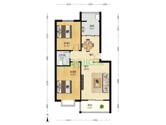 鼎鑫东方嘉苑 2室1厅1卫 83平方