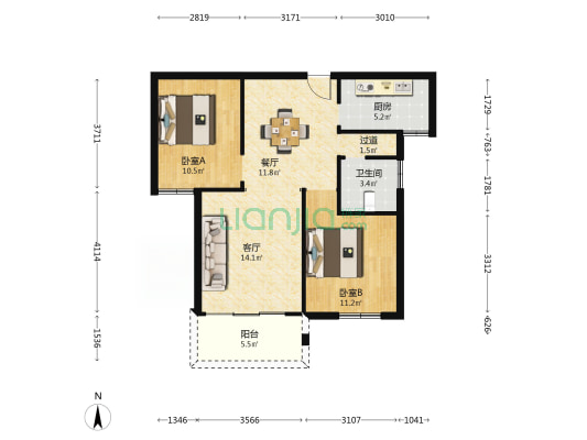 青年小区 2室2厅1卫 83平方