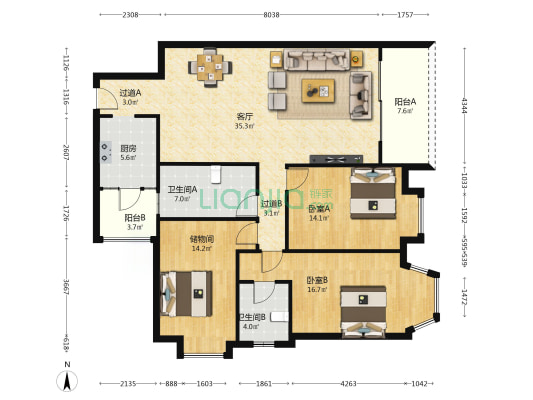 水天一色 2室1厅2卫 143平方