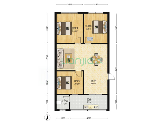 王牌路 3室1厅1卫 100平方