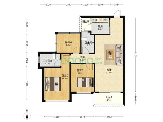 慧湾中心 3室1厅2卫 96平方