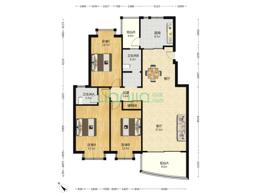 雅丰园 3室1厅2卫 136平方