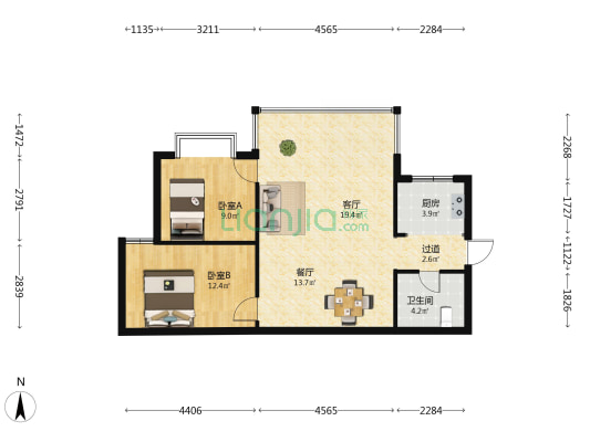 丰和苑 2室2厅1卫 80平方