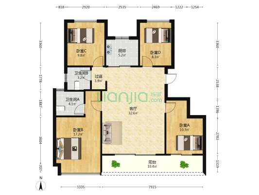 绿城玉海棠里 4室1厅2卫 130平方