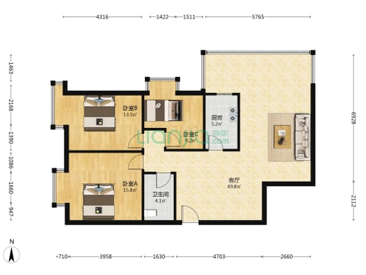 爱尚大厦双子座 3室1厅1卫 122平方