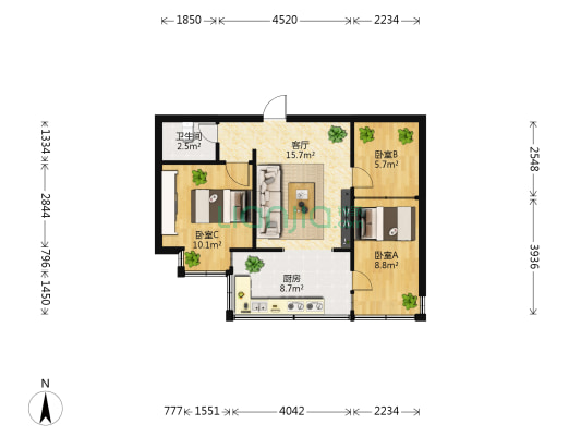 西华北区 3室1厅1卫 54平方