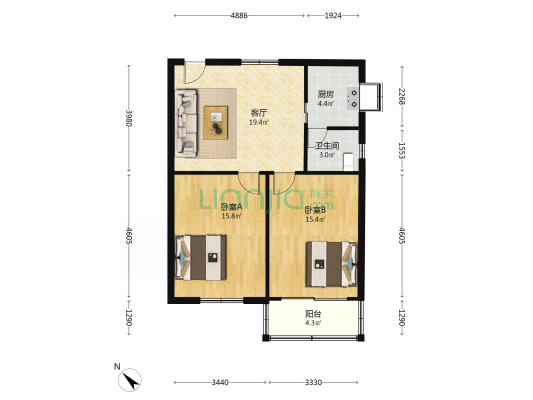 航空小路2号 2室1厅1卫 80平方