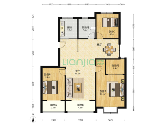 银洲紫薇苑 3室1厅1卫 122平方