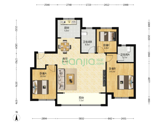 海信观澜 3室1厅2卫 125平方