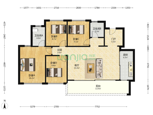 招商新川臻境 4室1厅2卫 133平方