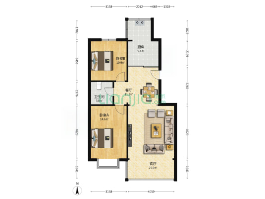 九州中心花园 2室2厅1卫 96平方