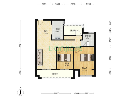 绿地·理想城 2室1厅1卫 89平方