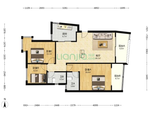 棕榈湾 3室1厅2卫 106平方