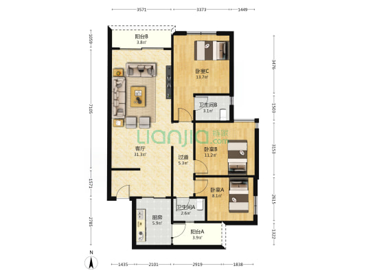 涛景湾 3室1厅2卫 106平方