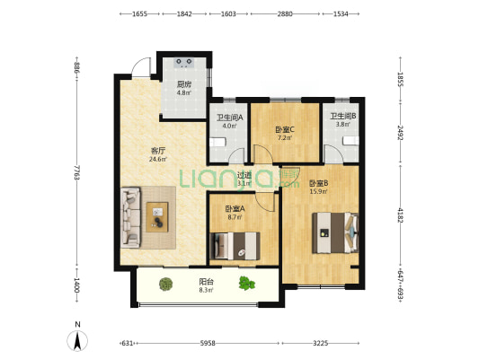 恒达新筑 3室1厅2卫 108平方