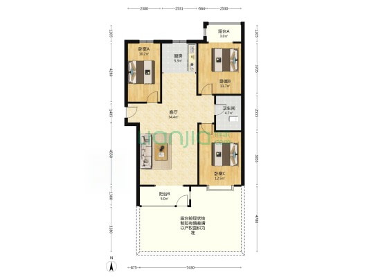 惠友开发双语旁南北通透3居室带露台-户型图
