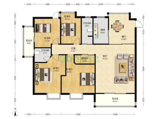 绿洲广场 4室2厅2卫 168平方