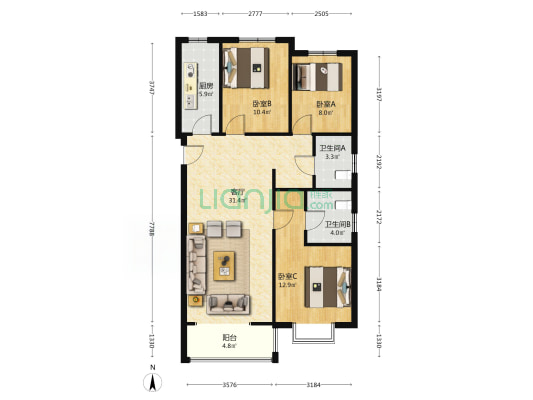 华阳路 电梯房大三居  户型方正 三居室两卫-户型图