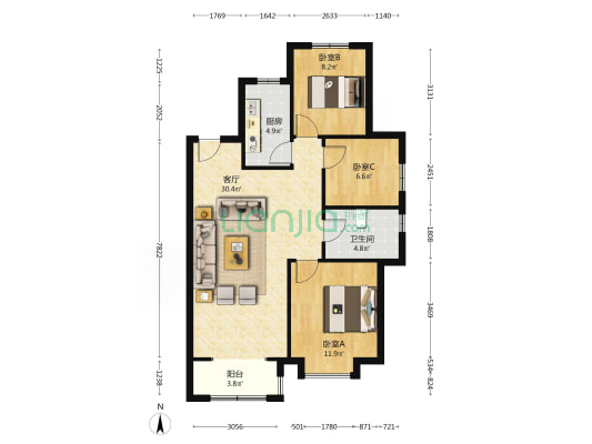 精装修 南北通透 三居室 采光充足-户型图