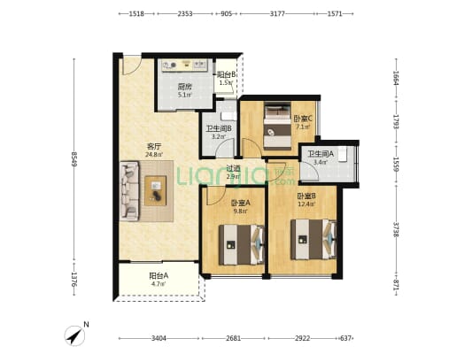 天曜府 3室1厅2卫 95平方