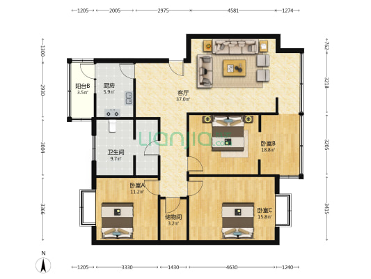 静安社区 3室1厅1卫 127平方