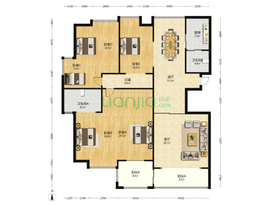 耀江时代广场住宅楼 5室2厅2卫 259平方