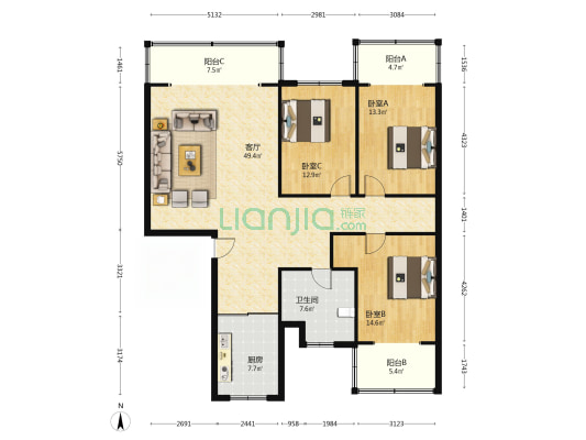 德阳市科技楼 3室1厅1卫 138平方