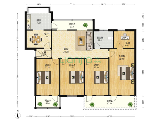 湖北省科学技术协会宿舍 5室2厅1卫 164平方