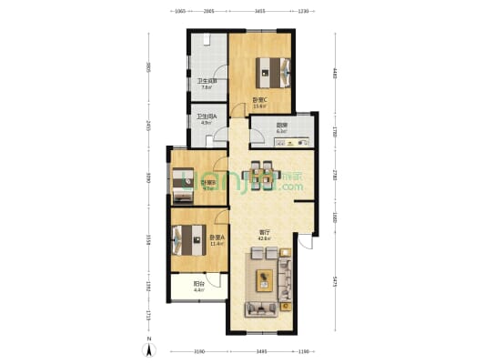 豪晖花园 3室1厅2卫 119平方