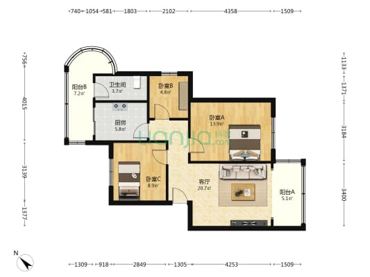 惠中家属楼 3室1厅1卫 83平方