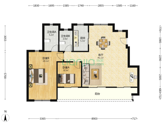 水岸悦景澜庭 2室1厅2卫 110平方