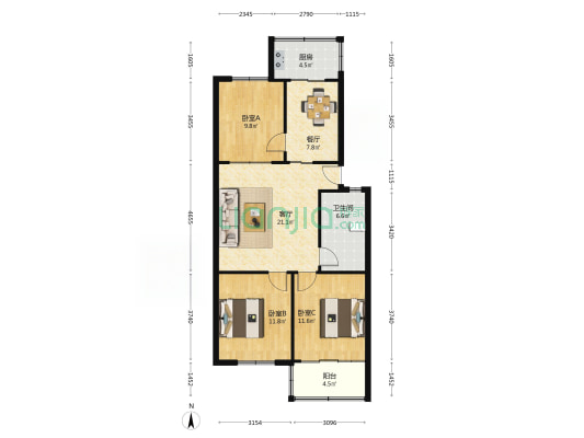地铁沁园小区 3室2厅1卫 91平方
