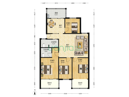 法苑新村 4室2厅2卫 133平方