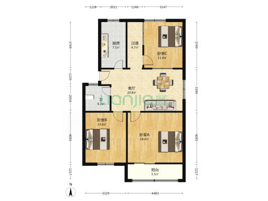 工行小区 3室1厅1卫 99平方