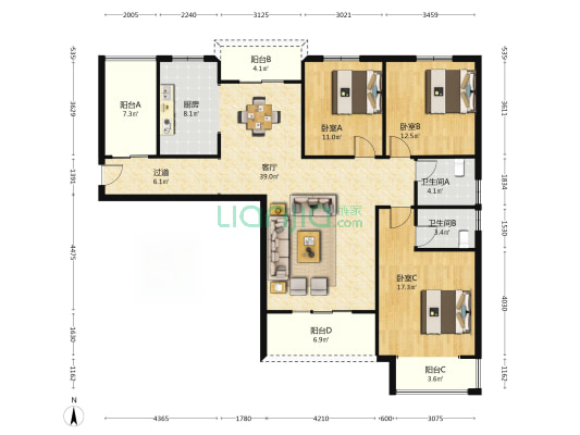 天浩上元郡一期 3室1厅2卫 159平方