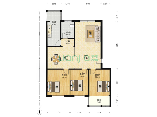三杰人家 3室2厅1卫 129平方