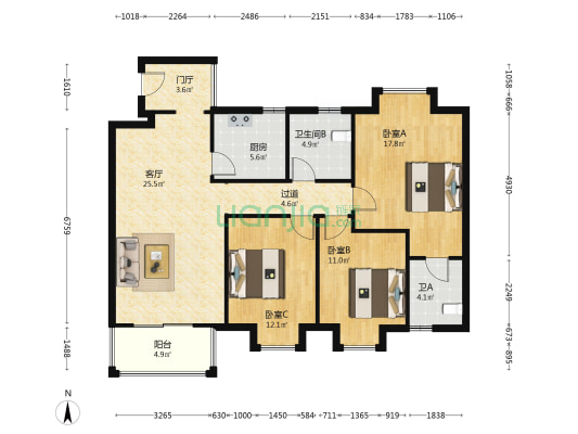 朝阳小区 3室1厅2卫 105平方