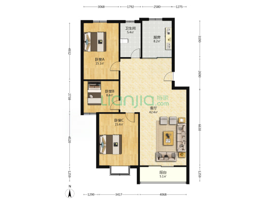 兴阳花苑 3室1厅1卫 117平方