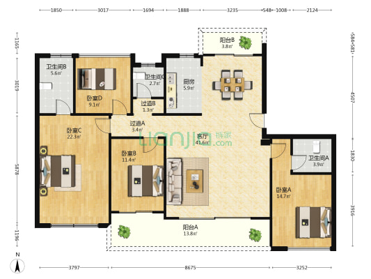 鸿翔云望雅苑 4室1厅3卫 170平方