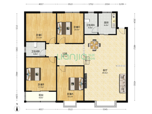 龙平街5号 4室1厅2卫 166平方