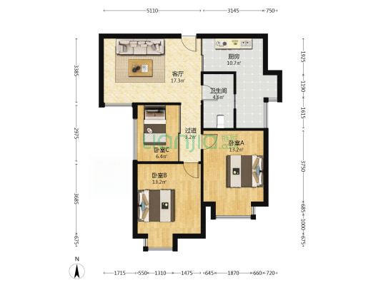 国鑫小时代 3室1厅1卫 90平方