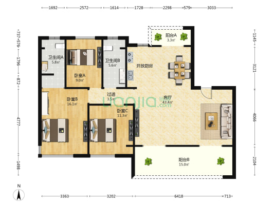 九颂山河菁华轩 3室1厅2卫 124平方