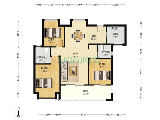宝龙融信海纳天地 3室2厅2卫 102平方
