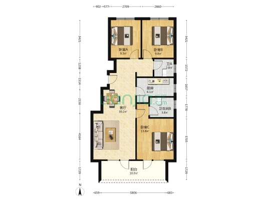 阿尔卡迪亚·花语馨园 3室1厅2卫 106平方