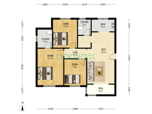 铁道新景苑 3室1厅2卫 122平方