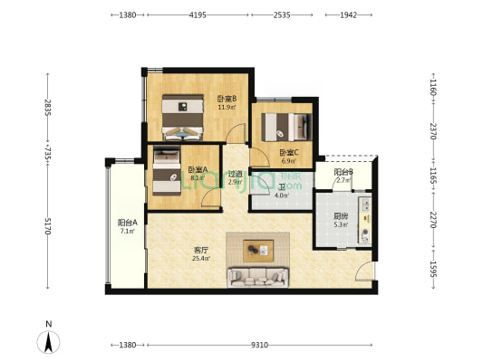 招商1872 3室1厅1卫 89平方