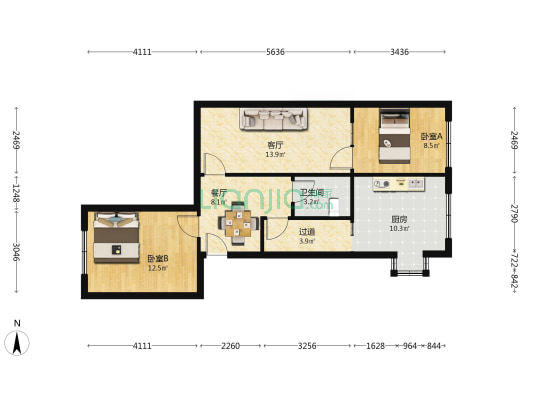 陇中南巷2号院 2室2厅1卫 58平方