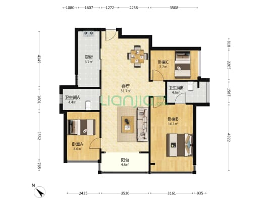 鸿荣源博誉府 3室1厅2卫 106平方