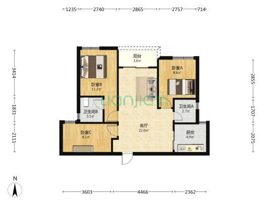 国贸保利和颂锦原 3室1厅2卫 82平方