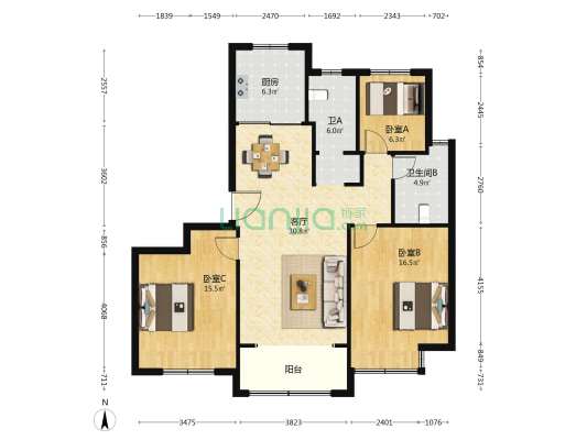 马桥小区 3室1厅2卫 136平方